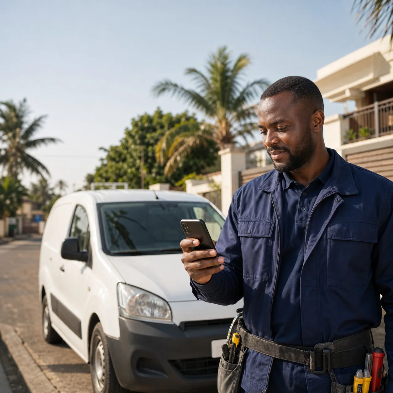 Illustrative Ghanaian service technician reviewing a job on his phone beside a van in Accra.