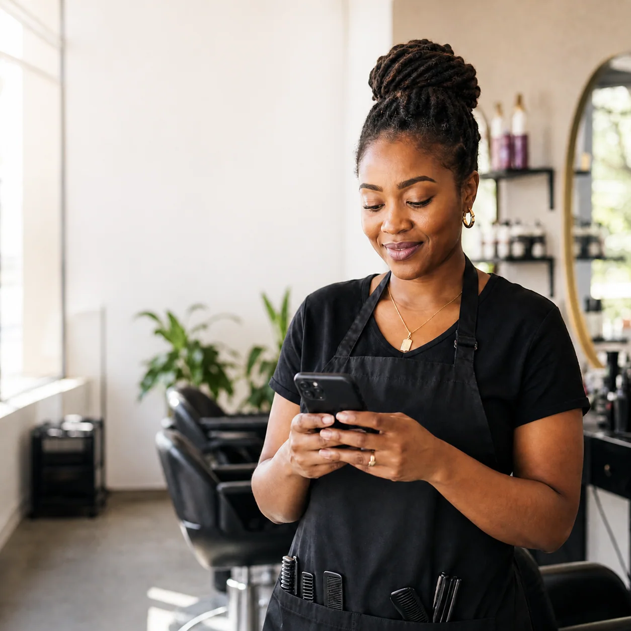 Illustrative salon professional reviewing a customer enquiry on her phone.