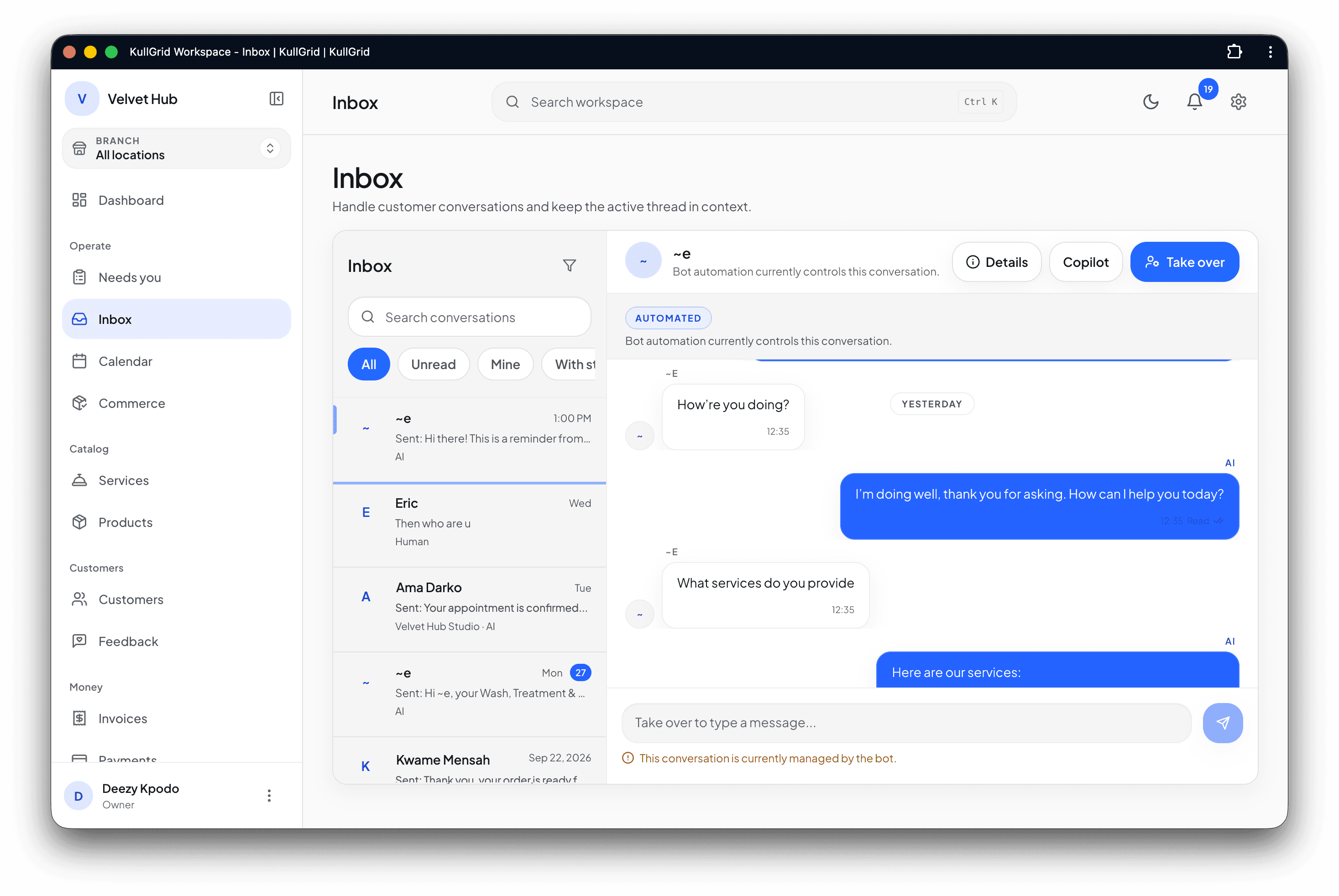 KullGrid Inbox with the conversation list on the left and an automated WhatsApp conversation on the right, with Details, Copilot and Take over controls.
