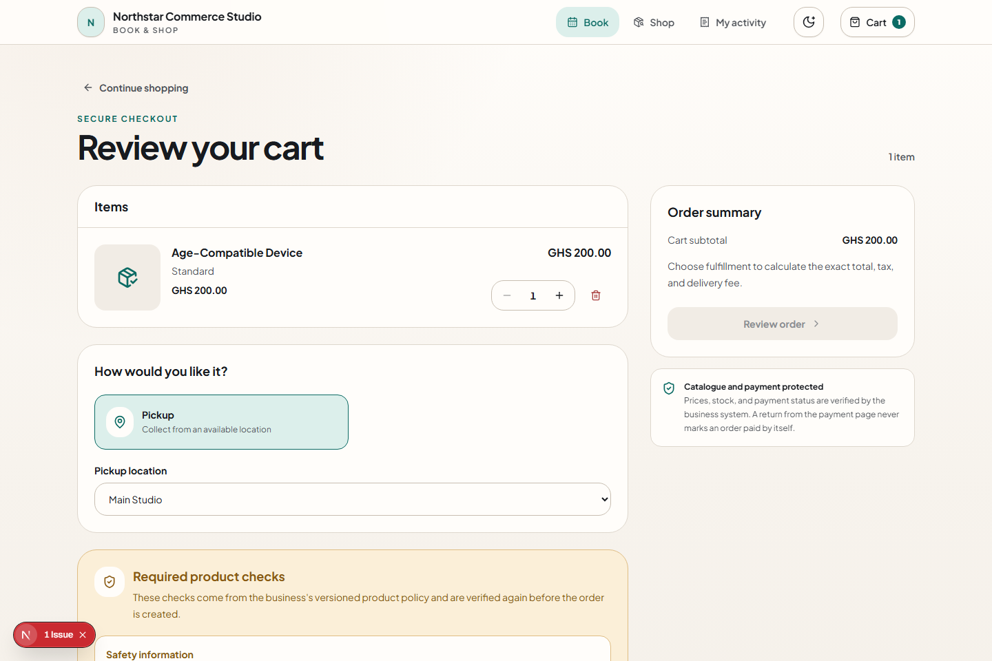 ChatFlow customer cart showing fictional products, fulfilment details, policy checks, and the next checkout action.